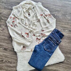 Aritzia Little Moon Gazania Tie Front Blouse White with Flower Print Sz S